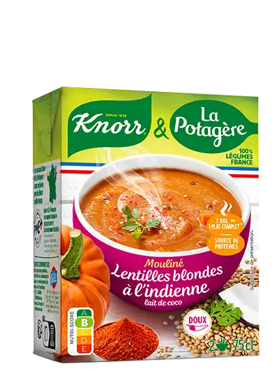 Soupe Knorr & La Potagère, mouliné lentilles blondes à l'indienne aux légumes français, brique de 75cl