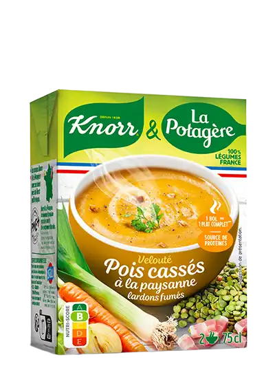 Soupe Gourmandise et satiété, velouté de pois cassés à la paysanne et lardons fumés. Knorr & La Potagère.