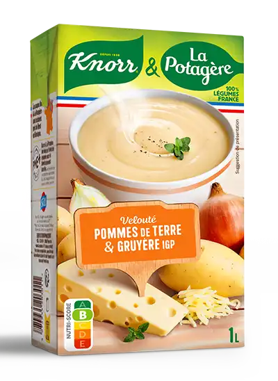 Soupe Knorr & La Potagère Velouté pommes de terre gruyère IGP, brique d'un litre.