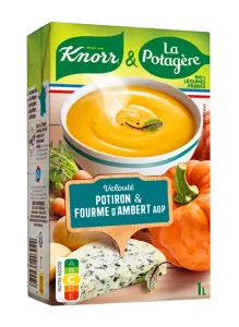 Soupe Knorr & La Potagère, velouté potiron et fourme d'Ambert AOP. Disponible en brique d'un litre et 2x30 cl.