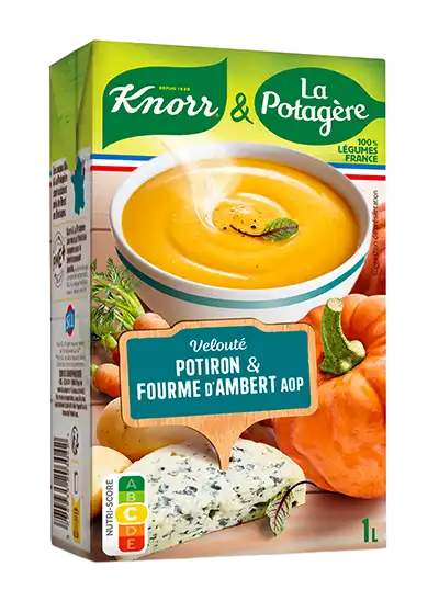 Soupe Knorr & La Potagère, velouté potiron et fourme d'Ambert AOP. Disponible en brique d'un litre et 2x30 cl.