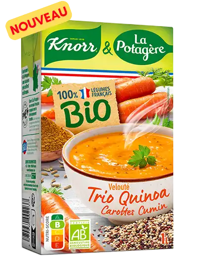 Nouveauté Knorr & La Potagère : trio quinoa carottes et cumin BIO, soupe d'un litre