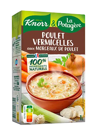 Soupe poulet vermicelles et petits légumes Knorr & La Potagère, une recette qui vous replongera dans votre enfance.