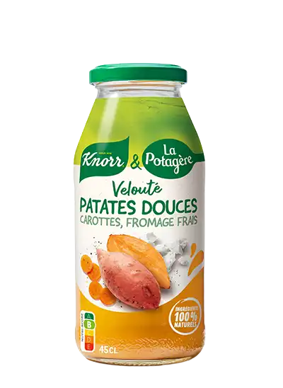 Veloute de patates douces, carottes et fromage frais, une recette Knorr & La Potagère dans une bouteille en verre de 45 cl
