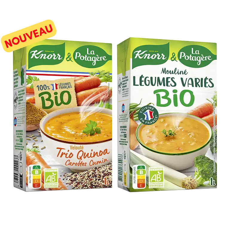 Nouveauté dans la catégorie Bio Knorr & La Potagère, velouté trio quinoa, carottes et cumin. Une soupe gourmande qui vous régalera.