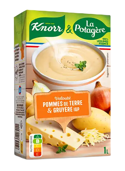 Soupe Knorr & La Potagère Velouté pommes de terre gruyère IGP, brique d'un litre.