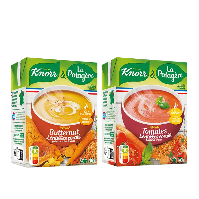 La gamme Gourmandise et satiété de Knorr & La Potagère, des formats pratiques, une brique pour 2 bols