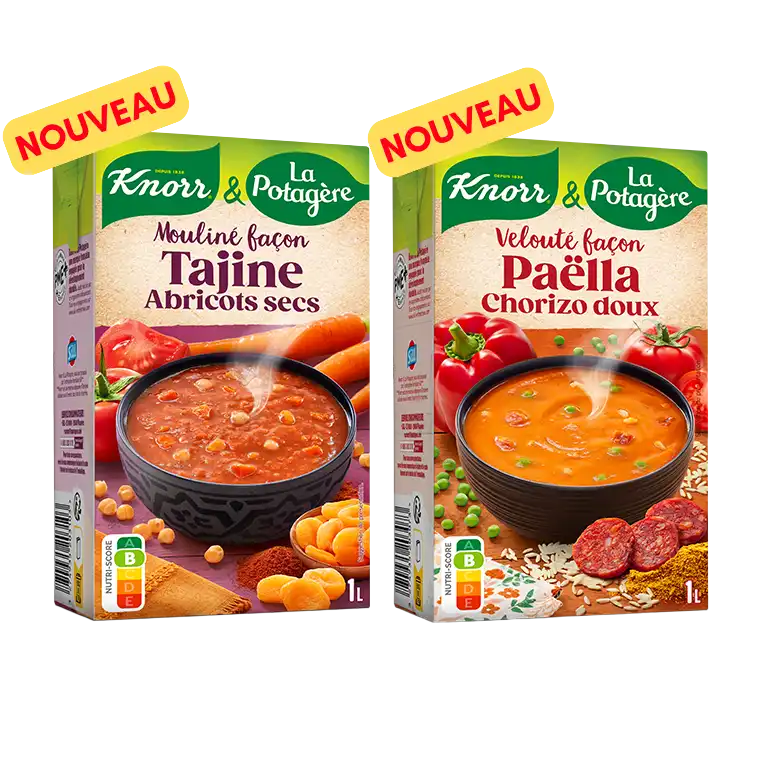 Nouveautés : la gamme des méditerannéenes gourmandes : des soupes savoureuses et originales, inspirées de vos plats préférés, des recettes audacieuses signées Knorr & La Potagère